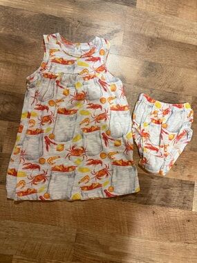 Girls' Summer Crawfish  & Lemon Print Dress Set - White/Orange/Yellow